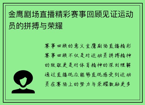 金鹰剧场直播精彩赛事回顾见证运动员的拼搏与荣耀